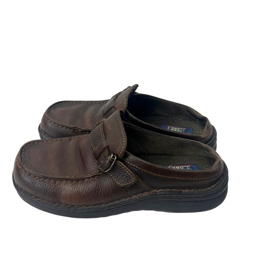 VTG Faded Glory Womens Leather Mule Clogs 9 Brown Buckle Platform Slip On Chunky